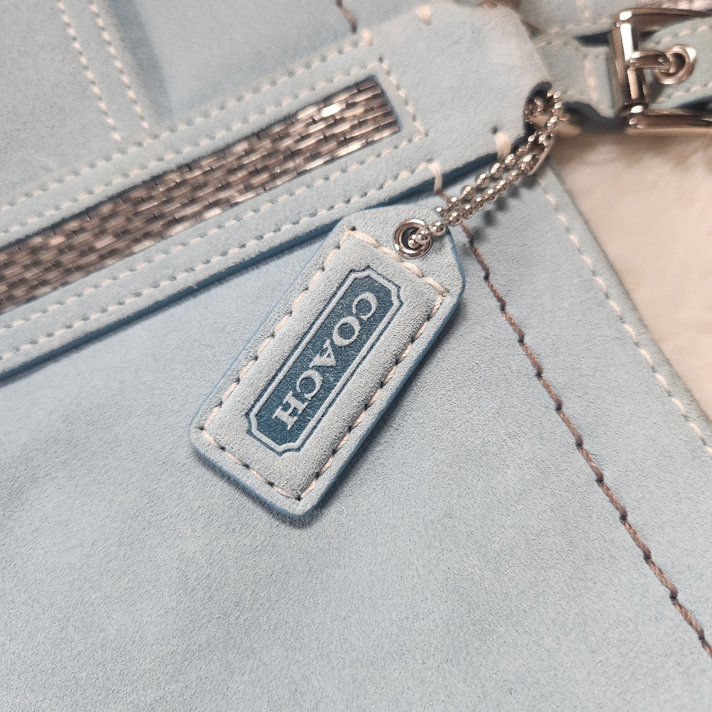 Vintage Coach Powder Blue Gallery Tote Soft Split Suede Metallic Beaded Trim Y2K - Picture 5 of 16